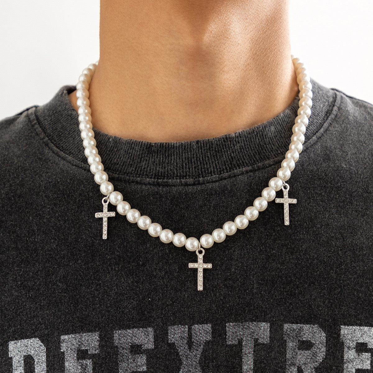 Triple cross pendant - pearl necklace