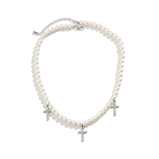 Triple cross pendant - pearl necklace